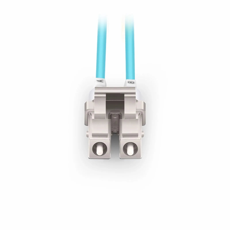 2m (7ft) Fiber Patch Cable, 2 Fibers, Short Boot, LC UPC Duplex to LC UPC Duplex, Multimode (OM3), Riser (OFNR), 2.0mm, Tight-Buffered, Aqua