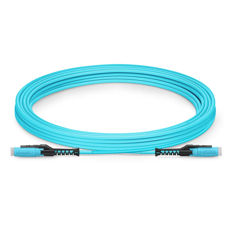 5m (16ft) Fiber Patch Cable, 2 Fibers, MDC UPC Duplex to MDC UPC Duplex Uniboot, Multimode (OM4), Riser (OFNR), 2.0mm, Aqua, for 100/400/800G Network Connection