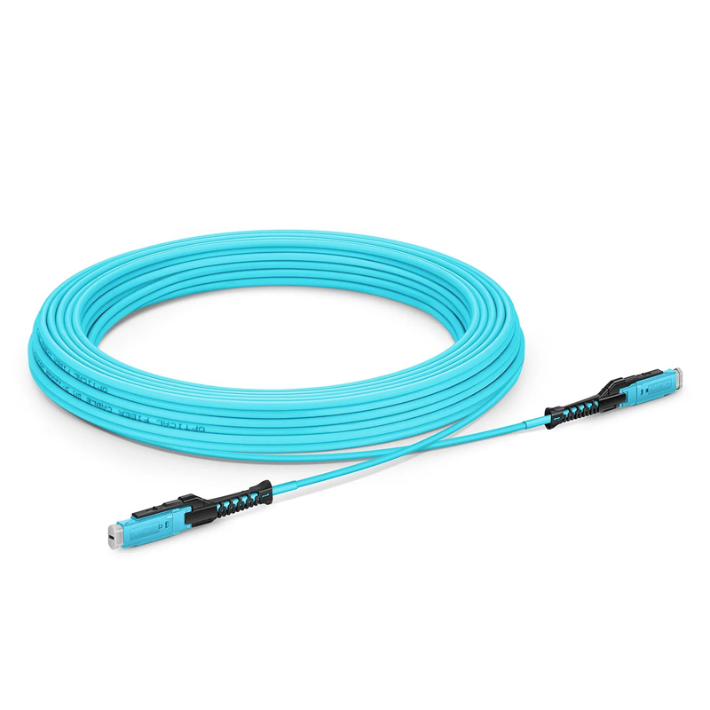 35m (115ft) Fiber Patch Cable, 2 Fibers, MDC UPC Duplex to MDC UPC Duplex Uniboot, Multimode (OM4), Riser (OFNR), 2.0mm, Aqua, for 100/400/800G Network Connection