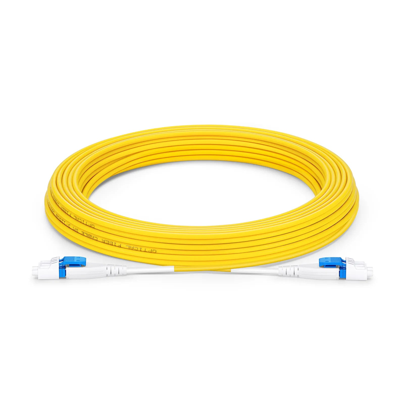 10m (33ft) Fiber Patch Cable, 2 Fibers, LC UPC Duplex to LC UPC Duplex Flat Clip Uniboot, Single Mode (OS2), Riser (OFNR), 2.0mm, Yellow