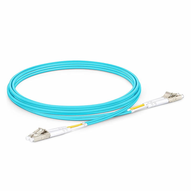 2m (7ft) Fiber Patch Cable, 2 Fibers, Ultra Low Loss, LC UPC Duplex to LC UPC Duplex, Multimode (OM4), Riser (OFNR), 2.0mm, Typical 0.08dB IL, Tight-Buffered, Aqua