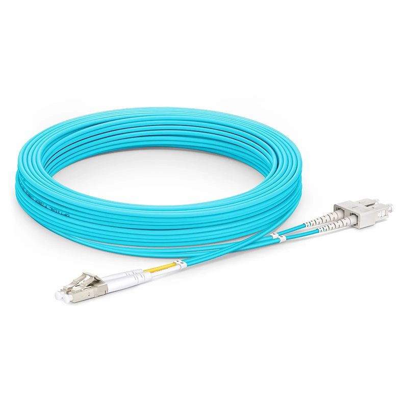 15m (49ft) Fiber Patch Cable, 2 Fibers, LC UPC Duplex to SC UPC Duplex, Multimode (OM3), Riser (OFNR), 2.0mm, Tight-Buffered, Aqua