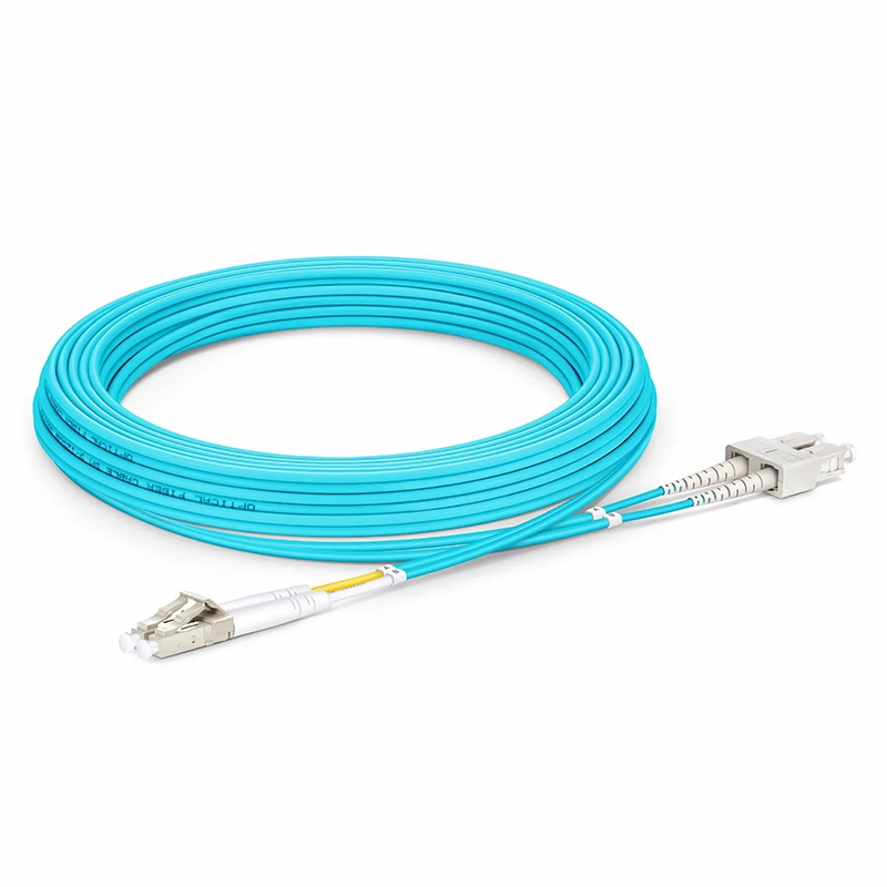 7m (23ft) Fiber Patch Cable, 2 Fibers, LC UPC Duplex to SC UPC Duplex, Multimode (OM3), Riser (OFNR), 2.0mm, Tight-Buffered, Aqua