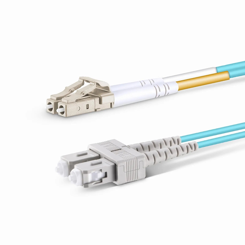 7m (23ft) Fiber Patch Cable, 2 Fibers, LC UPC Duplex to SC UPC Duplex, Multimode (OM3), Riser (OFNR), 2.0mm, Tight-Buffered, Aqua