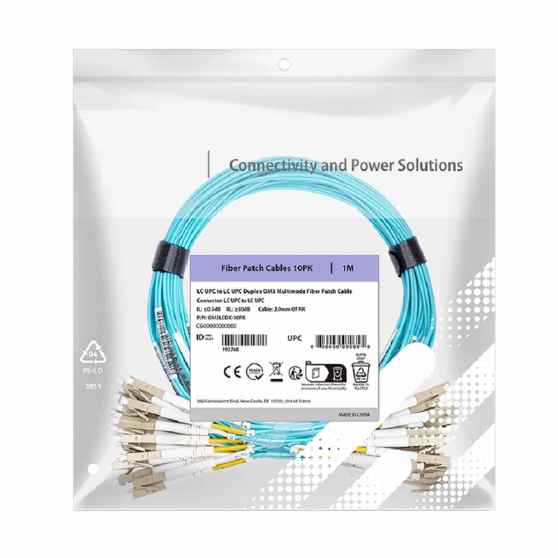 1m (3ft) Fiber Patch Cable, 2 Fibers, LC UPC Duplex to LC UPC Duplex, Multimode (OM3), Riser (OFNR), 2.0mm, Tight-Buffered, Aqua, 10 Pcs/Pack