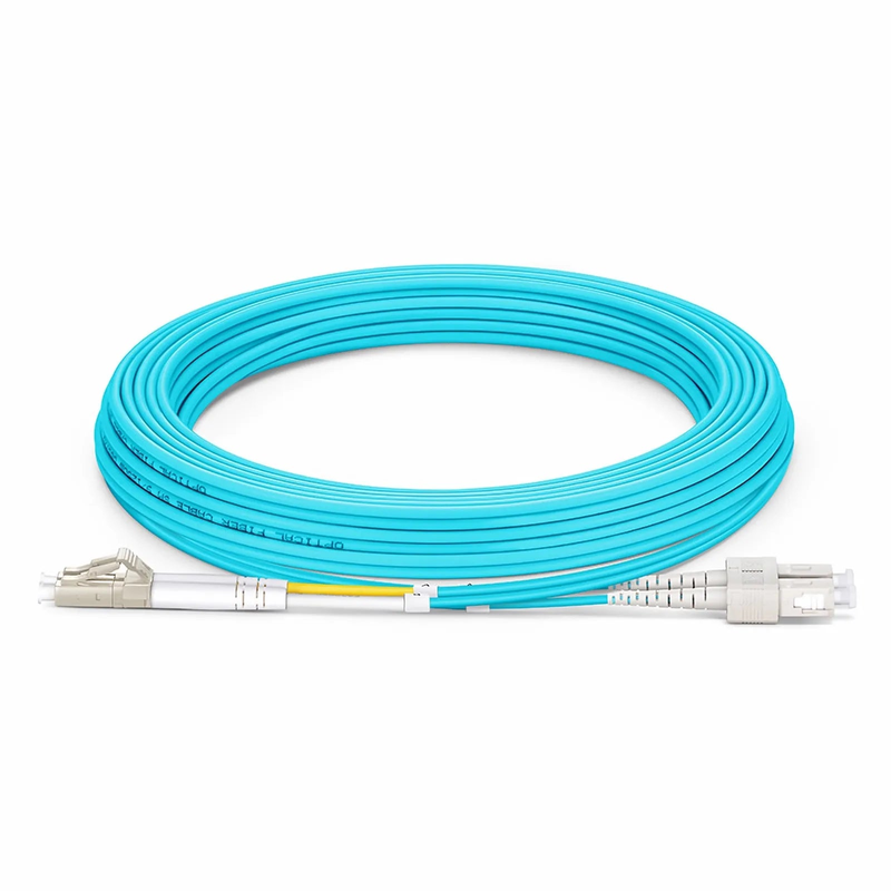 5m (16ft) Fiber Patch Cable, 2 Fibers, LC UPC Duplex to SC UPC Duplex, Multimode (OM3), Riser (OFNR), 2.0mm, Tight-Buffered, Aqua