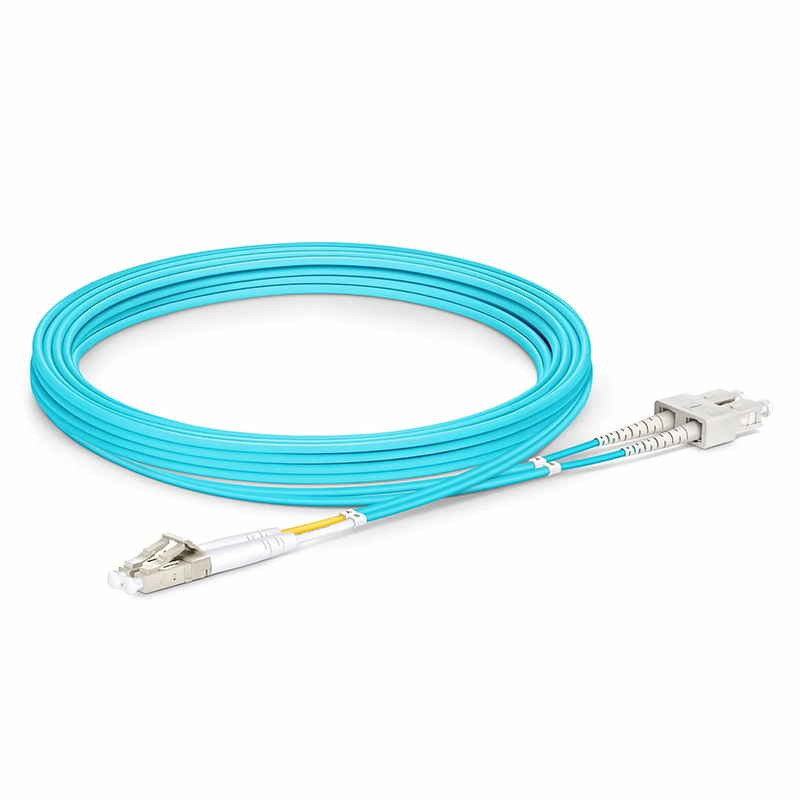 3m (10ft) Fiber Patch Cable, 2 Fibers, LC UPC Duplex to SC UPC Duplex, Multimode (OM3), Riser (OFNR), 2.0mm, Tight-Buffered, Aqua