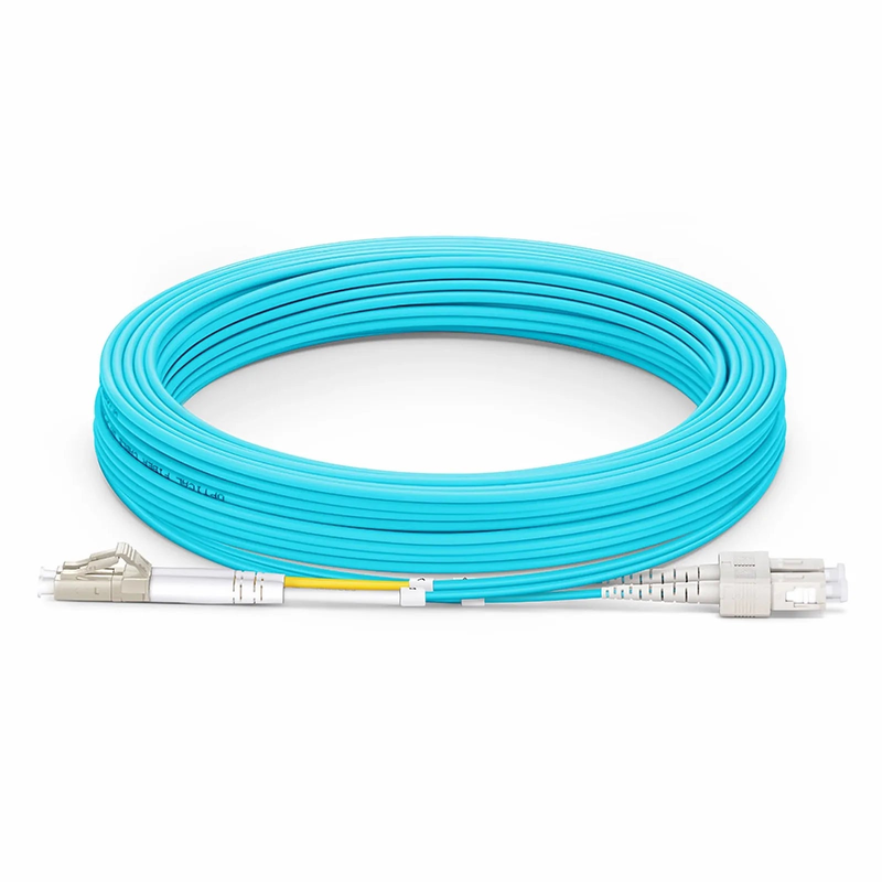 10m (33ft) Fiber Patch Cable, 2 Fibers, LC UPC Duplex to SC UPC Duplex, Multimode (OM3), Riser (OFNR), 2.0mm, Tight-Buffered, Aqua