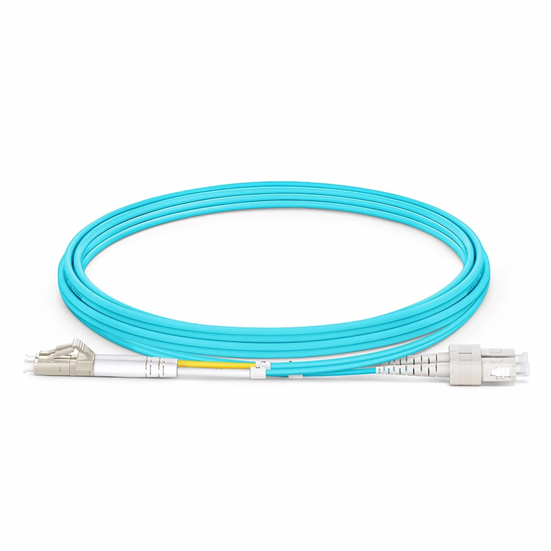 2m (7ft) Fiber Patch Cable, 2 Fibers, LC UPC Duplex to SC UPC Duplex, Multimode (OM3), Riser (OFNR), 2.0mm, Tight-Buffered, Aqua