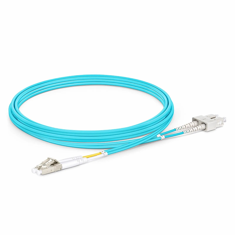 2m (7ft) Fiber Patch Cable, 2 Fibers, LC UPC Duplex to SC UPC Duplex, Multimode (OM3), Riser (OFNR), 2.0mm, Tight-Buffered, Aqua
