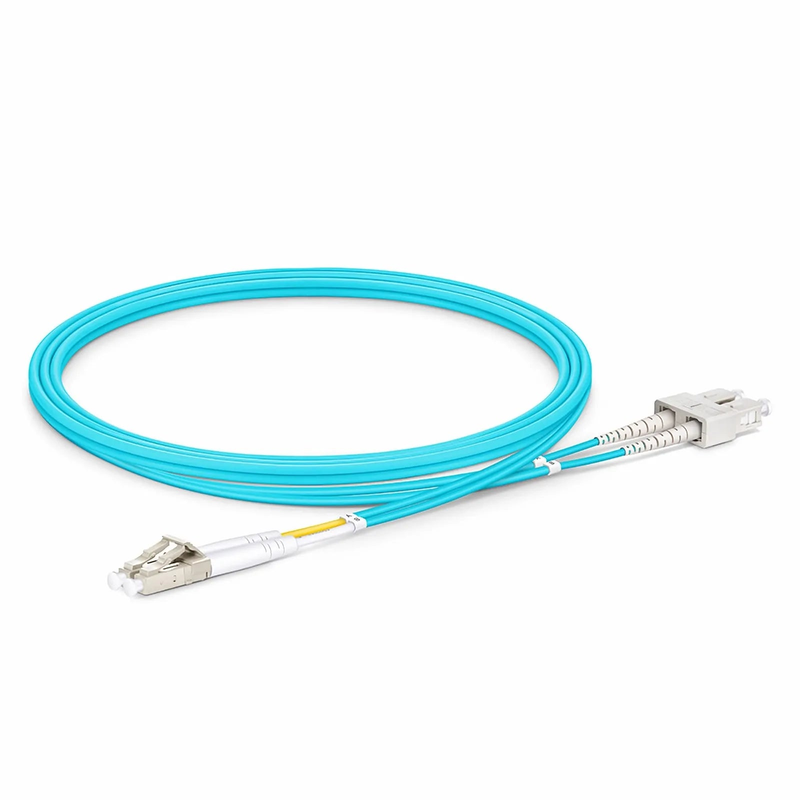 1m (3ft) Fiber Patch Cable, 2 Fibers, LC UPC Duplex to SC UPC Duplex, Multimode (OM3), Riser (OFNR), 2.0mm, Tight-Buffered, Aqua
