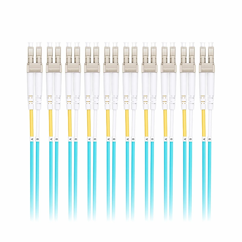 1m (3ft) Fiber Patch Cable, 2 Fibers, LC UPC Duplex to LC UPC Duplex, Multimode (OM3), Riser (OFNR), 2.0mm, Tight-Buffered, Aqua, 10 Pcs/Pack