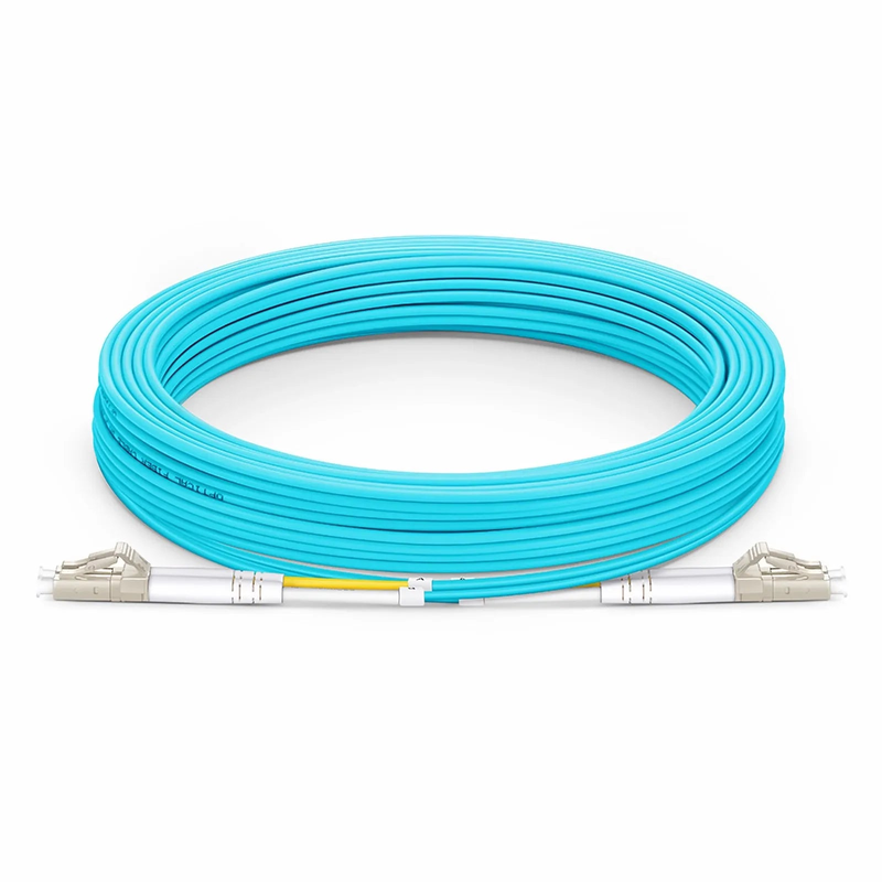 10m (33ft) Fiber Patch Cable, 2 Fibers, LC UPC Duplex to LC UPC Duplex, Multimode (OM3), Riser (OFNR), 2.0mm, Tight-Buffered, Aqua