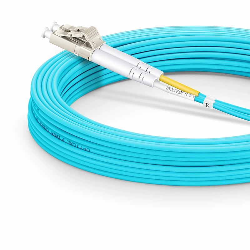 10m (33ft) Fiber Patch Cable, 2 Fibers, LC UPC Duplex to LC UPC Duplex, Multimode (OM3), Riser (OFNR), 2.0mm, Tight-Buffered, Aqua