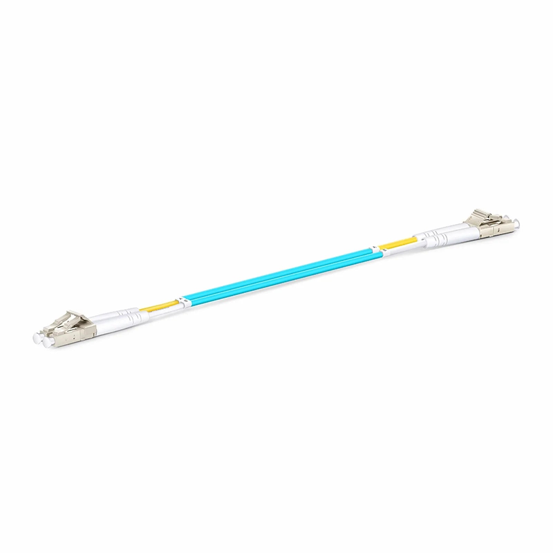0.2m (0.65ft) Fiber Patch Cable, 2 Fibers, LC UPC Duplex to LC UPC Duplex, Multimode (OM3), Riser (OFNR), 2.0mm, Tight-Buffered, Aqua