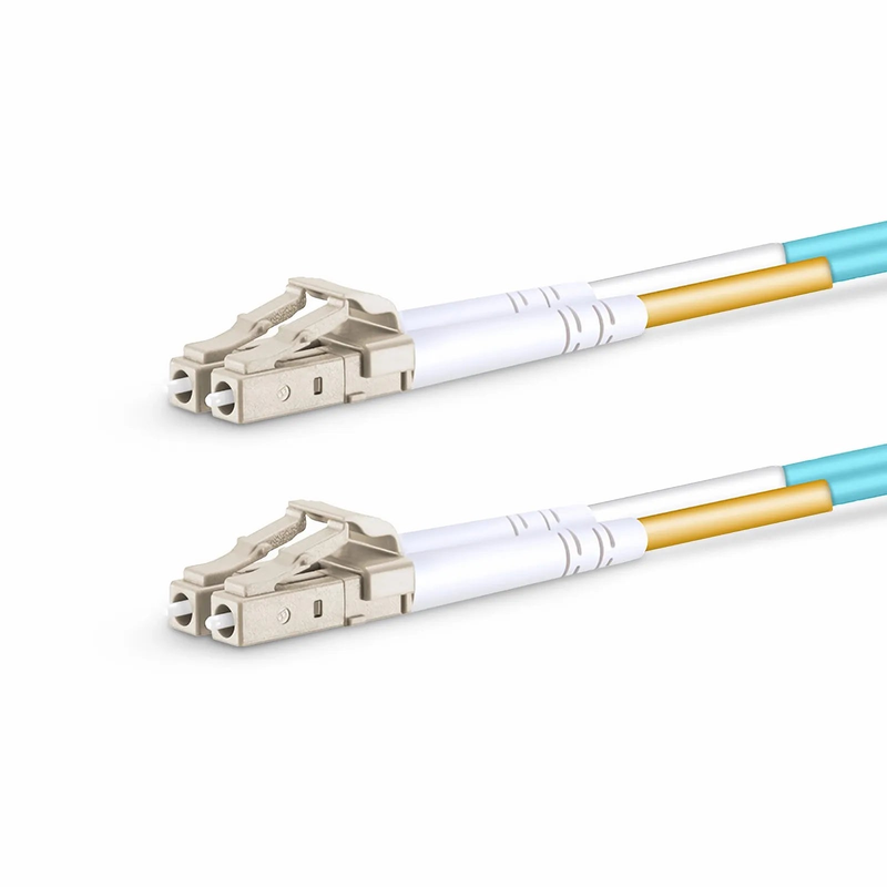0.2m (0.65ft) Fiber Patch Cable, 2 Fibers, LC UPC Duplex to LC UPC Duplex, Multimode (OM3), Riser (OFNR), 2.0mm, Tight-Buffered, Aqua