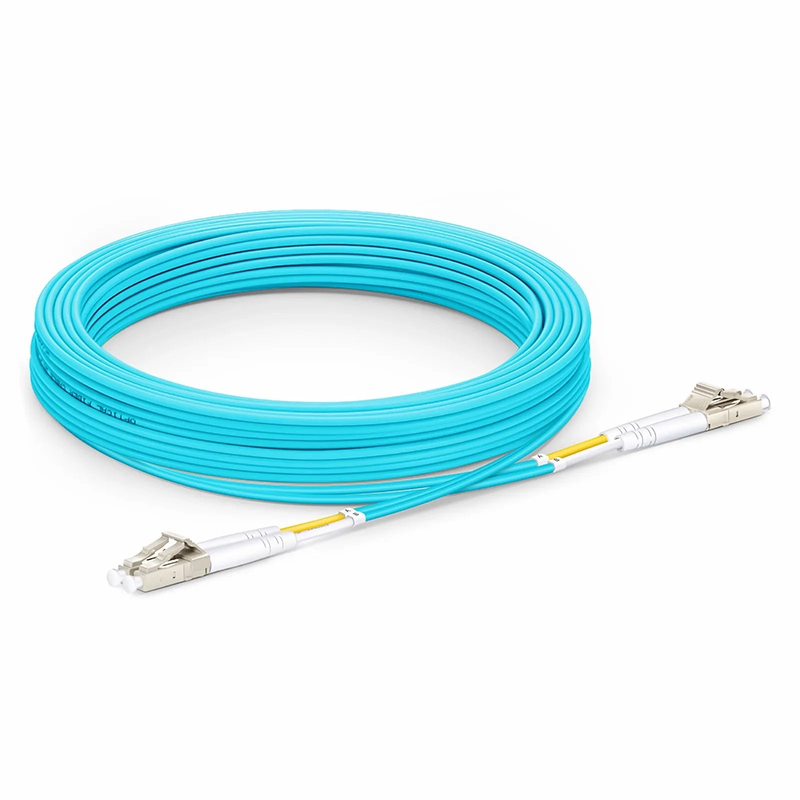 20m (66ft) Fiber Patch Cable, 2 Fibers, LC UPC Duplex to LC UPC Duplex, Multimode (OM3), Riser (OFNR), 2.0mm, Tight-Buffered, Aqua