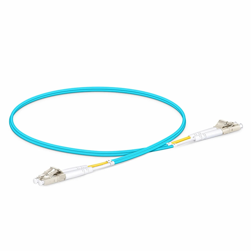 0.5m (1.6ft) Fiber Patch Cable, 2 Fibers, LC UPC Duplex to LC UPC Duplex, Multimode (OM3), Riser (OFNR), 2.0mm, Tight-Buffered, Aqua