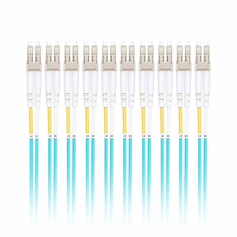 3m (10ft) Fiber Patch Cable, 2 Fibers, LC UPC Duplex to LC UPC Duplex, Multimode (OM4), Riser (OFNR), 2.0mm, Tight-Buffered, Aqua, 10 Pcs/Pack