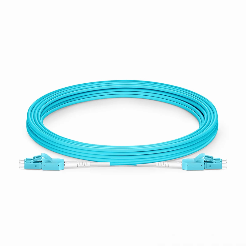 5m (16ft) Fiber Patch Cable, 2 Fibers, LC UPC Duplex to LC UPC Duplex Standard Clip Uniboot, Multimode (OM3), Riser (OFNR), 2.0mm, Aqua
