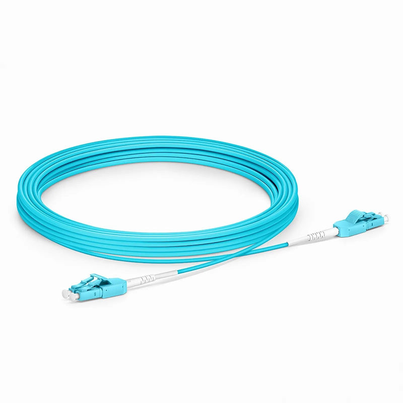 5m (16ft) Fiber Patch Cable, 2 Fibers, LC UPC Duplex to LC UPC Duplex Standard Clip Uniboot, Multimode (OM3), Riser (OFNR), 2.0mm, Aqua