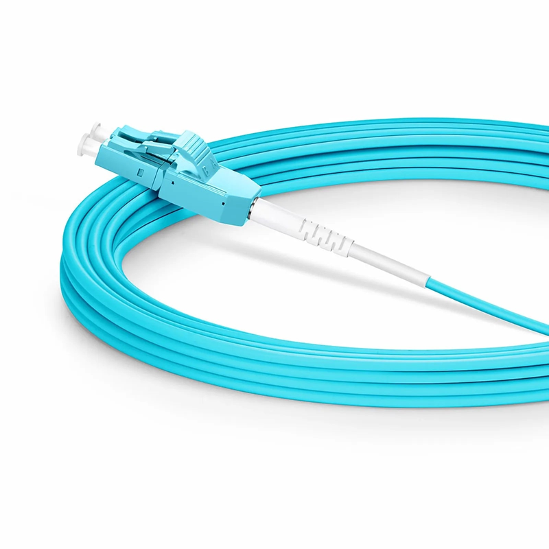 5m (16ft) Fiber Patch Cable, 2 Fibers, LC UPC Duplex to LC UPC Duplex Standard Clip Uniboot, Multimode (OM3), Riser (OFNR), 2.0mm, Aqua