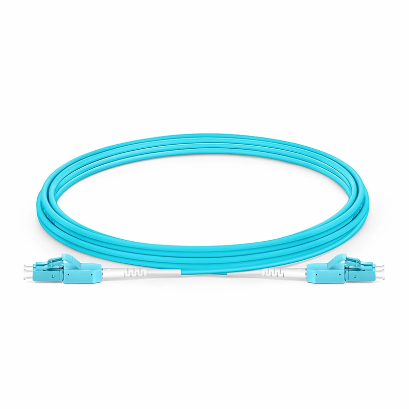 3m (10ft) Fiber Patch Cable, 2 Fibers, LC UPC Duplex to LC UPC Duplex Standard Clip Uniboot, Multimode (OM3), Riser (OFNR), 2.0mm, Aqua