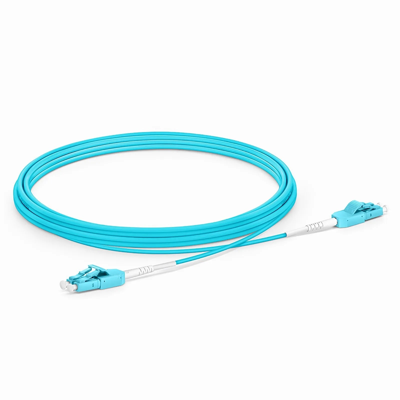3m (10ft) Fiber Patch Cable, 2 Fibers, LC UPC Duplex to LC UPC Duplex Standard Clip Uniboot, Multimode (OM3), Riser (OFNR), 2.0mm, Aqua