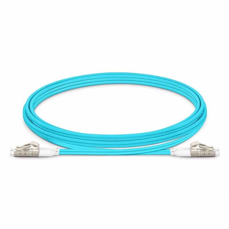 2m (7ft) Fiber Patch Cable, 2 Fibers, Short Boot, LC UPC Duplex to LC UPC Duplex, Multimode (OM4), Riser (OFNR), 2.0mm, Tight-Buffered, Aqua