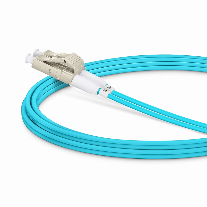 2m (7ft) Fiber Patch Cable, 2 Fibers, Short Boot, LC UPC Duplex to LC UPC Duplex, Multimode (OM4), Riser (OFNR), 2.0mm, Tight-Buffered, Aqua