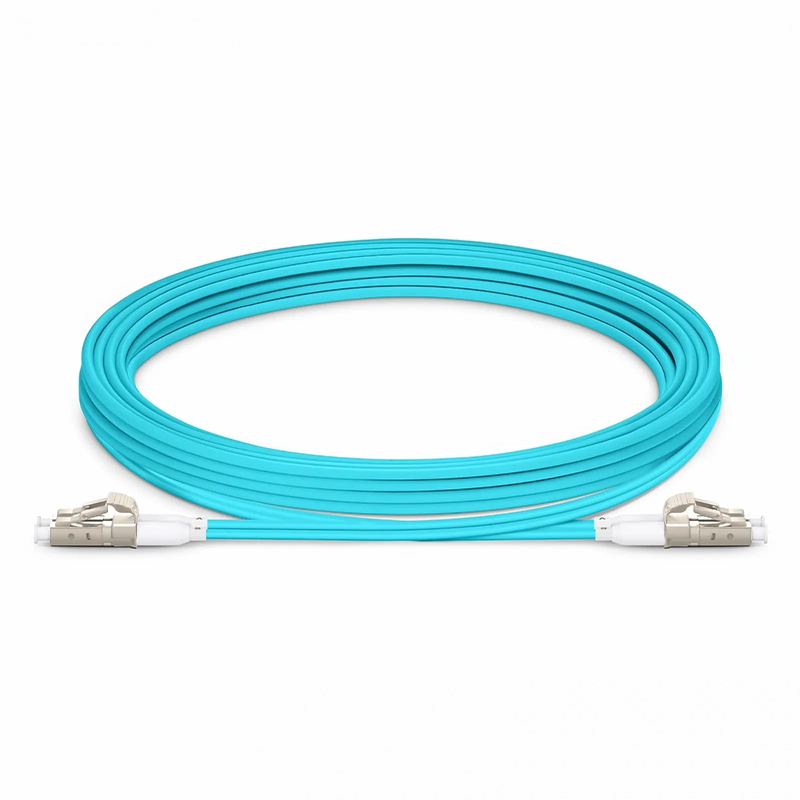 3m (10ft) Fiber Patch Cable, 2 Fibers, Short Boot, LC UPC Duplex to LC UPC Duplex, Multimode (OM4), Riser (OFNR), 2.0mm, Tight-Buffered, Aqua
