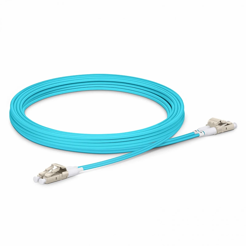 3m (10ft) Fiber Patch Cable, 2 Fibers, Short Boot, LC UPC Duplex to LC UPC Duplex, Multimode (OM4), Riser (OFNR), 2.0mm, Tight-Buffered, Aqua