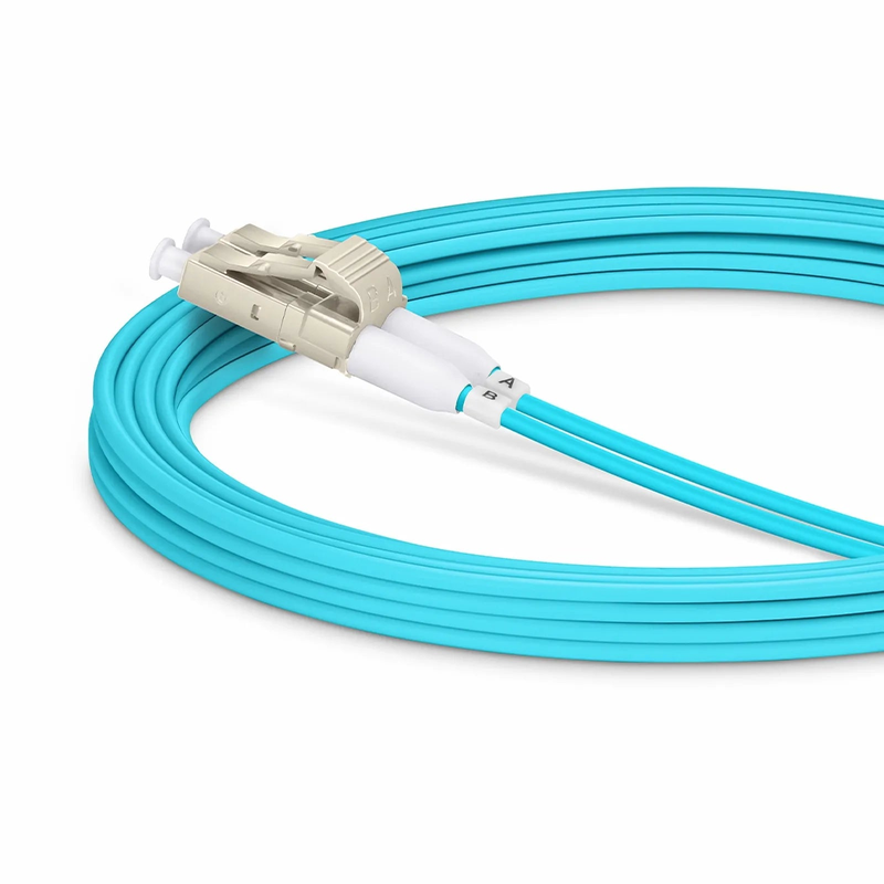 3m (10ft) Fiber Patch Cable, 2 Fibers, Short Boot, LC UPC Duplex to LC UPC Duplex, Multimode (OM4), Riser (OFNR), 2.0mm, Tight-Buffered, Aqua