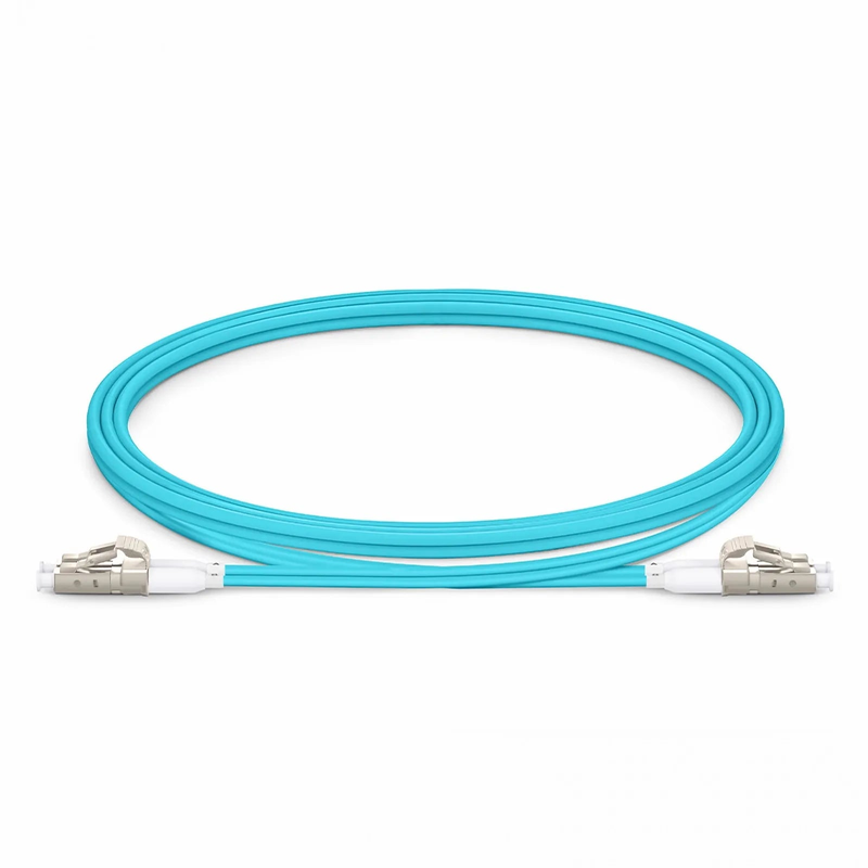 1m (3ft) Fiber Patch Cable, 2 Fibers, Short Boot, LC UPC Duplex to LC UPC Duplex, Multimode (OM4), Riser (OFNR), 2.0mm, Tight-Buffered, Aqua
