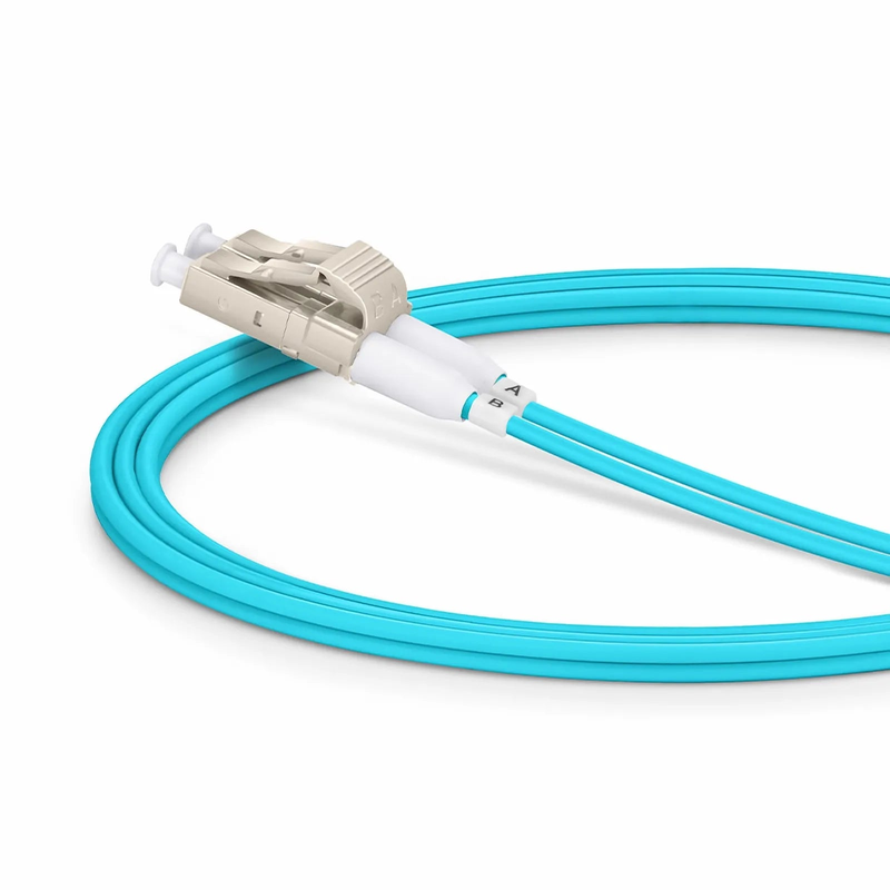1m (3ft) Fiber Patch Cable, 2 Fibers, Short Boot, LC UPC Duplex to LC UPC Duplex, Multimode (OM4), Riser (OFNR), 2.0mm, Tight-Buffered, Aqua