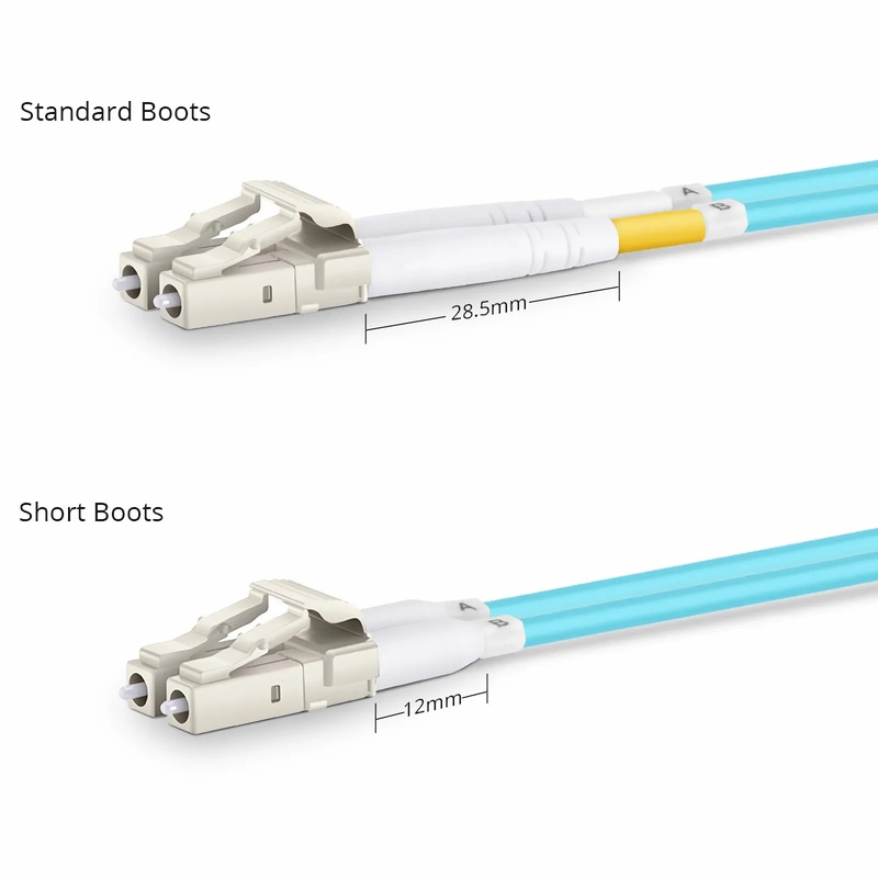 1m (3ft) Fiber Patch Cable, 2 Fibers, Short Boot, LC UPC Duplex to LC UPC Duplex, Multimode (OM4), Riser (OFNR), 2.0mm, Tight-Buffered, Aqua