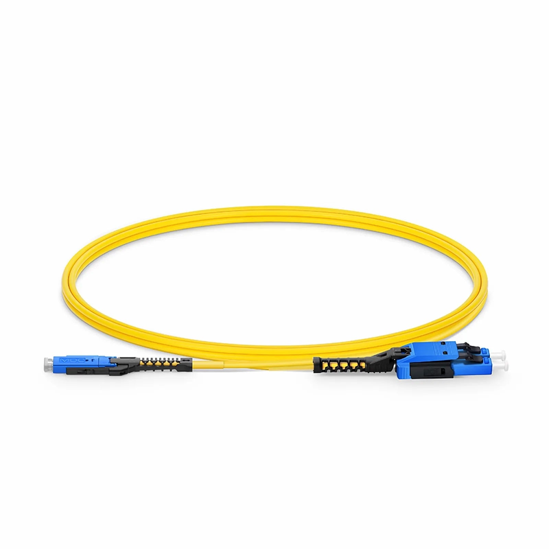 1m (3ft) Fiber Patch Cable, 2 Fibers, MDC UPC Duplex to LC UPC Duplex Flat Clip with Push-Pull Boot Uniboot, Single Mode (OS2), Riser (OFNR), 2.0mm, Yellow, for 100/400/800G Network Connection