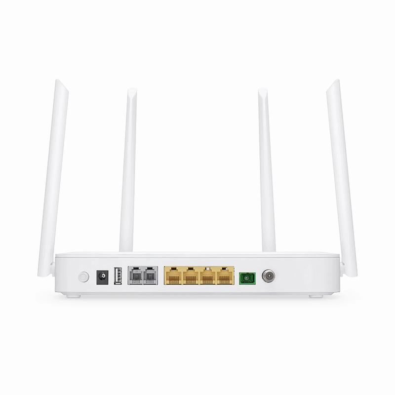 TA1910-4GVC-W, XPON (GPON + EPON) HGU ONU with 1 x PON, 4 x GE, 2 x POTS, 1 x RF, 1 x USB, and 4 x External Dual Band Antennas (1200M WiFi 4/5)