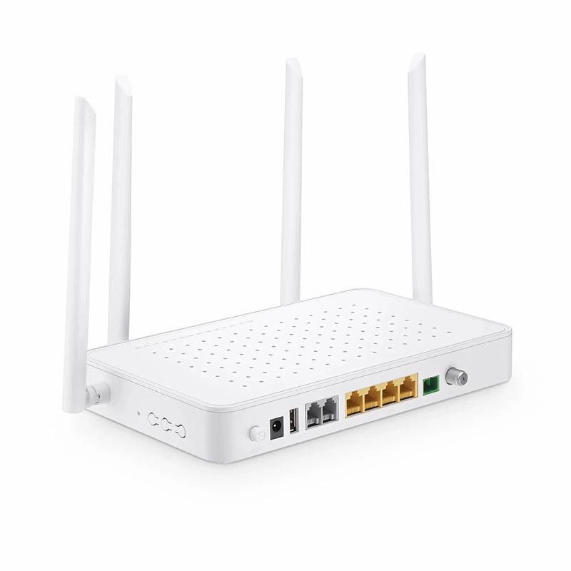 TA1910-4GVC-W, XPON (GPON + EPON) HGU ONU with 1 x PON, 4 x GE, 2 x POTS, 1 x RF, 1 x USB, and 4 x External Dual Band Antennas (1200M WiFi 4/5)