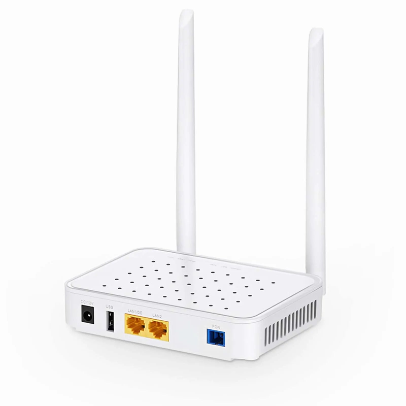ONU1910-1GF-W, XPON (GPON + EPON) ONU, with 1 x PON, 1 x GE, 1 x FE, 1 x USB, and 2 x External Antennas (2.4GHz, 300Mbps WiFi 4)