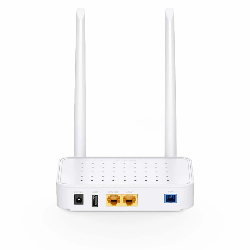 ONU1910-1GF-W, XPON (GPON + EPON) ONU, with 1 x PON, 1 x GE, 1 x FE, 1 x USB, and 2 x External Antennas (2.4GHz, 300Mbps WiFi 4)