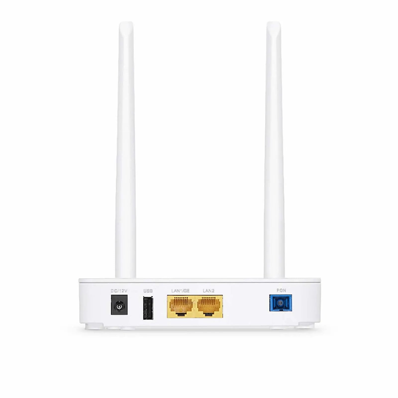 ONU1910-1GF-W, XPON (GPON + EPON) ONU, with 1 x PON, 1 x GE, 1 x FE, 1 x USB, and 2 x External Antennas (2.4GHz, 300Mbps WiFi 4)