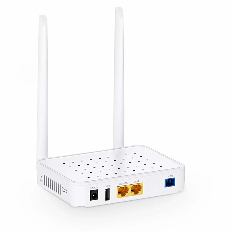 ONU1910-1GF-W, XPON (GPON + EPON) ONU, with 1 x PON, 1 x GE, 1 x FE, 1 x USB, and 2 x External Antennas (2.4GHz, 300Mbps WiFi 4)