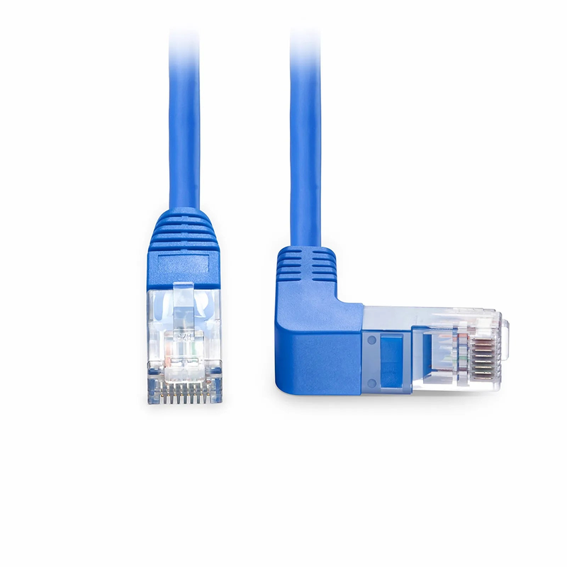 25ft (7.6m) 90 Degree Cat6 26AWG Snagless Unshielded (U/UTP) PVC CM Ethernet Network Patch Cable, RJ45 Right Angle Down Male to RJ45 Male, Blue