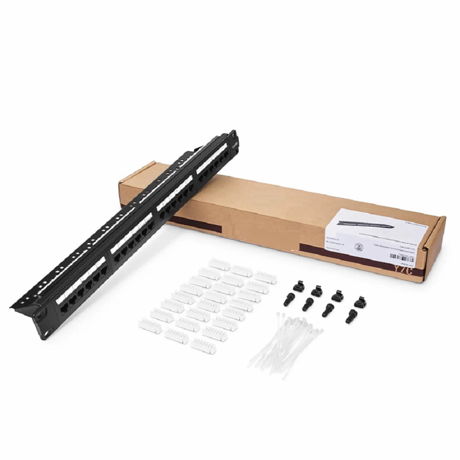 Cat5e 110-Style Patch Panel, 24-Port, 1RU, Cable Management Bar Included