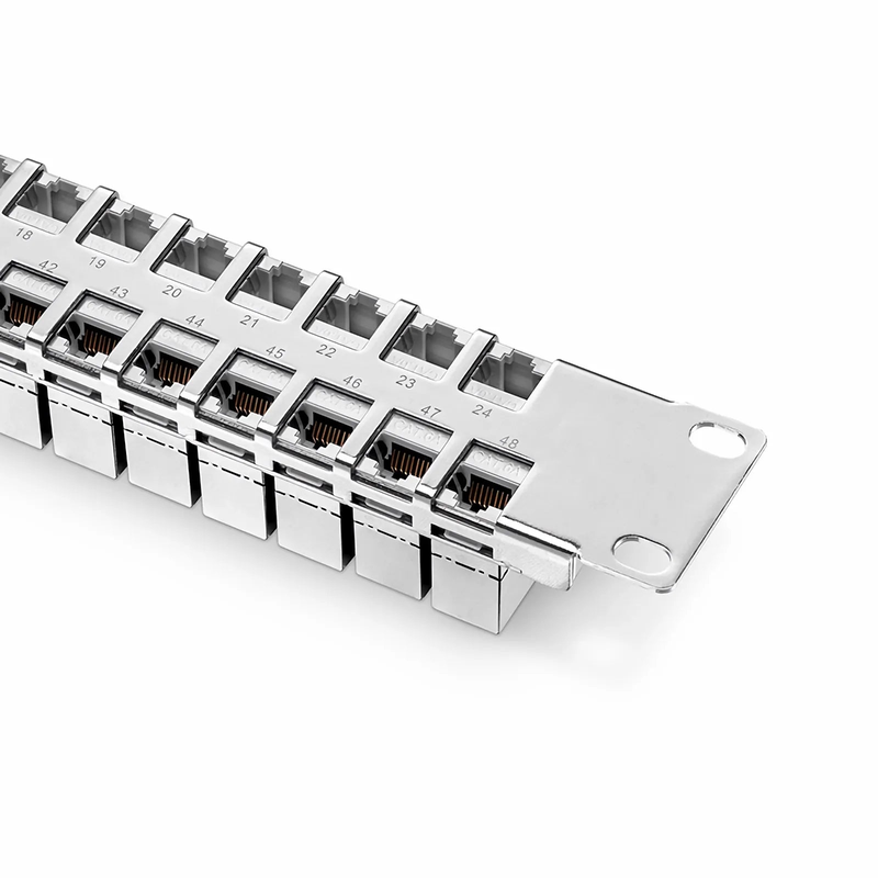 FDMP Cat6a Shielded Coupler Flat Patch Panel, 48-Port, 1RU, Cable Management Bar Included