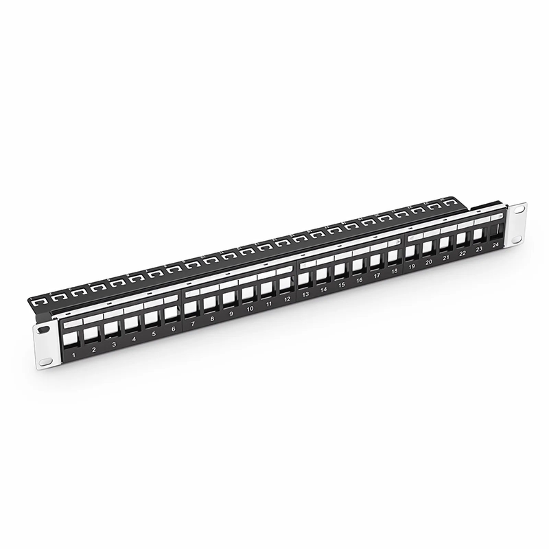 Blank Shielded/UnShielded Patch Panel for Keystone Modules, 24-Port, 1RU, Cable Management Bar Included, Black