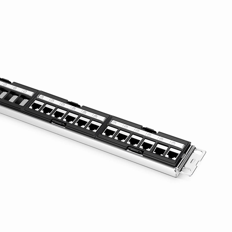 FDMP Cat6 Shielded Coupler Recessed Patch Panel, 24-Port, 1RU, Cable Management Bar Included