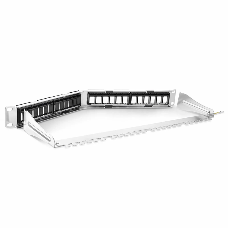 FDMP Blank Shielded/UnShielded Angled Recessed Patch Panel for Keystone Modules, 24-Port, 1RU, Cable Management Bar Included, Black