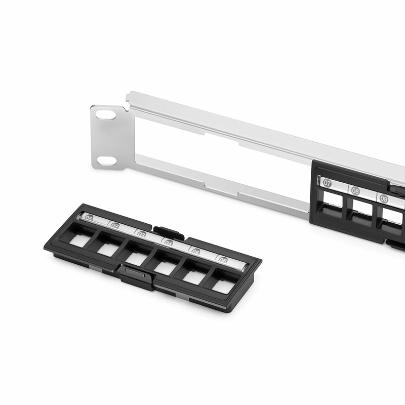 FDMP Blank Shielded/UnShielded Angled Recessed Patch Panel for Keystone Modules, 24-Port, 1RU, Cable Management Bar Included, Black